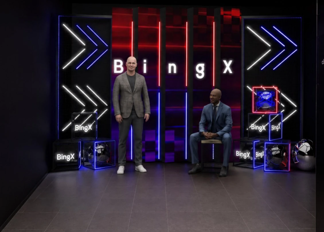 BingX photo area with branded backdrop — 3D design